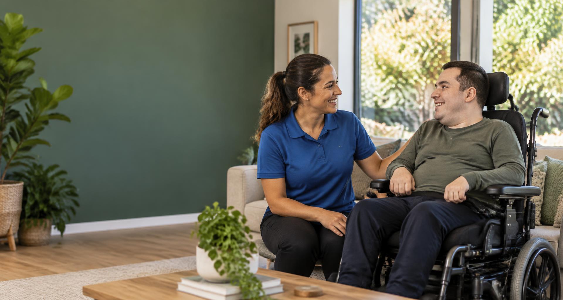 A support worker and a wheelchair user sharing a conversation at home